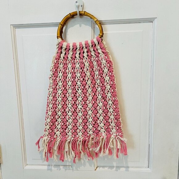 Vintage 70s Macrame Market Bag, Crochet Hobo Handbag, Handwoven Purse w Bamboo - Picture 10 of 16